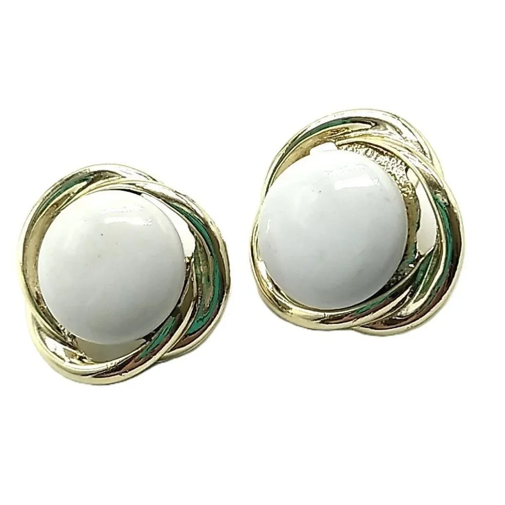 Vintage Post Earrings White Cabochon Gold-tone Twisted Rope